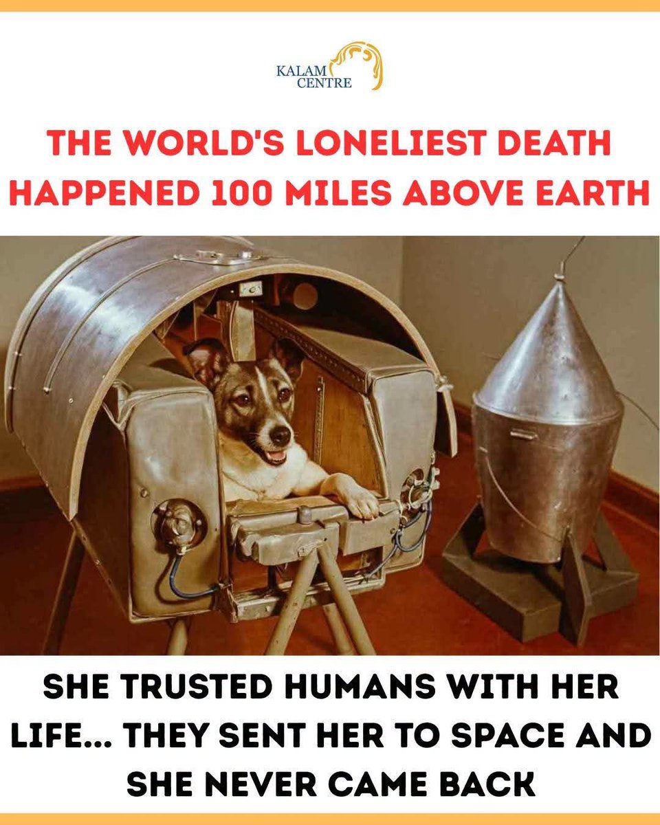 KalamCenter's tweet photo. She wagged her tail as they closed the door behind her. She trusted them completely. She never knew she was saying goodbye to Earth forever. 🐕🚀

Her name was Laika.

She wasn't born in a laboratory.

She wasn't a famous dog.

She wasn't even someone's pet.

She was just a small stray dog wandering the cold streets of Moscow, searching for food, warmth, and kindness.

Every day was a struggle. Every night was spent under the open sky.

But despite everything, Laika remained gentle.

She still trusted humans.

She still wagged her tail when someone showed her affection.

One day, people came and took her away.

For the first time in her life, she had food every day. She had a warm place to sleep. People cared for her. They spoke softly to her. They petted her head and called her a good girl.

Laika had no idea that she had been chosen for a mission that would change history.

The people around her knew.

But she didn't.

As the days passed, the scientists grew attached to her. They played with her. They fed her by hand. They watched her innocent eyes look at them with complete trust.

And that trust broke their hearts.

Because they knew something Laika could never understand.

She was going to space.

And she was never coming back.

On the morning of November 3, 1957, they placed her inside a tiny spacecraft.

The capsule was so small that she could barely move.

One scientist later admitted that before closing the hatch, he hugged Laika and kissed her nose.

He knew it would be the last kindness she would ever receive.

As the countdown began, Laika sat alone.

No family.

No owner.

No one to tell her what was happening.

Just a little dog surrounded by machines.

Then the rocket roared to life.

Within moments, Laika became the first living creature to orbit the Earth.

The whole world celebrated.

Newspapers called it a historic achievement.

People cheered.

Governments praised the success.

But high above the planet, there was a frightened little dog who didn't understand any of it.

She wasn't chasing history.

She wasn't trying to become famous.

She was simply waiting for the humans she trusted to bring her home.

But home was never part of the plan.

The spacecraft had no way to return.

From the moment the rocket left the ground, Laika's fate had already been decided.

For years, the world was told that she survived in orbit for days.

The truth was even more heartbreaking.

Laika died alone only hours after launch.

No one was there to hold her.

No one was there to comfort her.

No familiar voice whispered, "Good girl."

Far above the Earth, the little stray dog who had trusted humans with all her heart took her final breath.

And she never came home.

Years later, one of the scientists involved confessed that he regretted what had happened.

The mission had made history.

But it had also cost an innocent life.

A life that had given everything without ever understanding why.

Today, statues of Laika stand in different parts of the world.

People call her a hero.

A pioneer.

A symbol of space exploration.

But when many people look at her photograph, they don't see a hero.

They see a small dog with kind eyes.

A dog who spent her life looking for love.

A dog who trusted humans until her very last moment.

A dog who boarded a spacecraft believing that the people she loved would take care of her.

💔 She never knew she was becoming a legend.

She only knew she was a good girl.

And perhaps that is the saddest part of all.

🐕🚀❤️

"History remembers the mission. The heart remembers the dog."

#Laika #SpaceDog #HeartbreakingStory #AnimalLove #DogStory #SpaceHistory #EmotionalStory #NeverForgotten #HumanAnimalBond #TrueStory #SpaceExploration #DogsOfHistory #TearsInMyEyes #FaithfulCompanion #AnimalStories #HistoryThatHurts #GoodGirlLaika #LegendForever #ViralStory