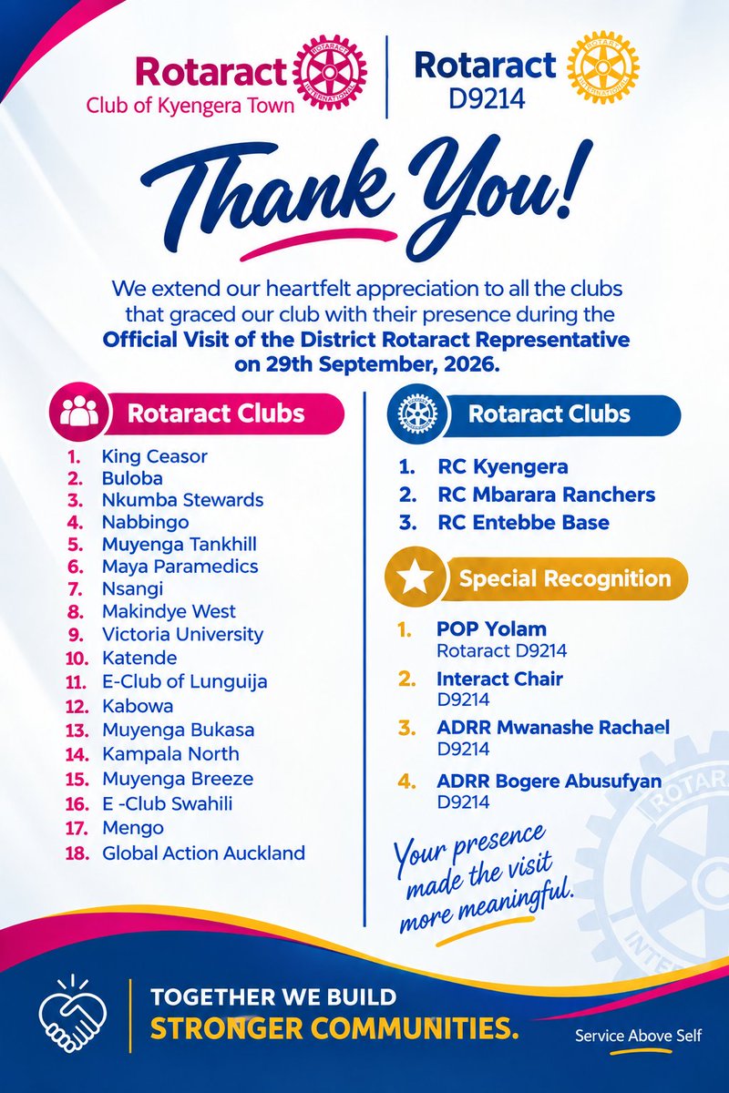 RacKyengeraTown's tweet photo. A little late, but the appreciation is always timely.

To every Rotaract &amp; Rotary Club, district leader and guest who joined us — thank you for showing up, supporting us and making the visit memorable. https://t.co/55og0AMTrZ
