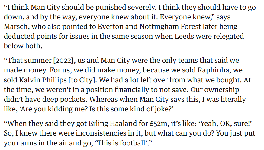 JDNalton's tweet photo. Jesse Marsch on Man City: "I think Man City should be punished severely. I think they should have to go down, and, by the way, everyone knew about it. Everyone knew." Full interview by Joe Callaghan here > https://t.co/rdKBTyEzsu https://t.co/0wJQcDhNAo