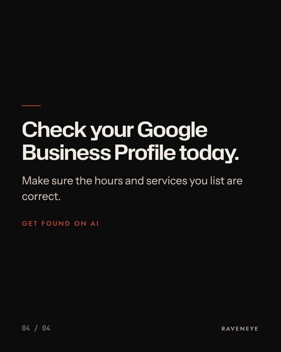 Raveneyeglobal's tweet photo. In a study of Google AI Overviews, about 67% of third-party citations pointed to one place.

Your Google Business Profile.

That's from a BrightLocal study in August 2026. Check yours today. Make sure the hours and services listed are right.

#googleBusinessProfile https://t.co/eQ6XceoYnP