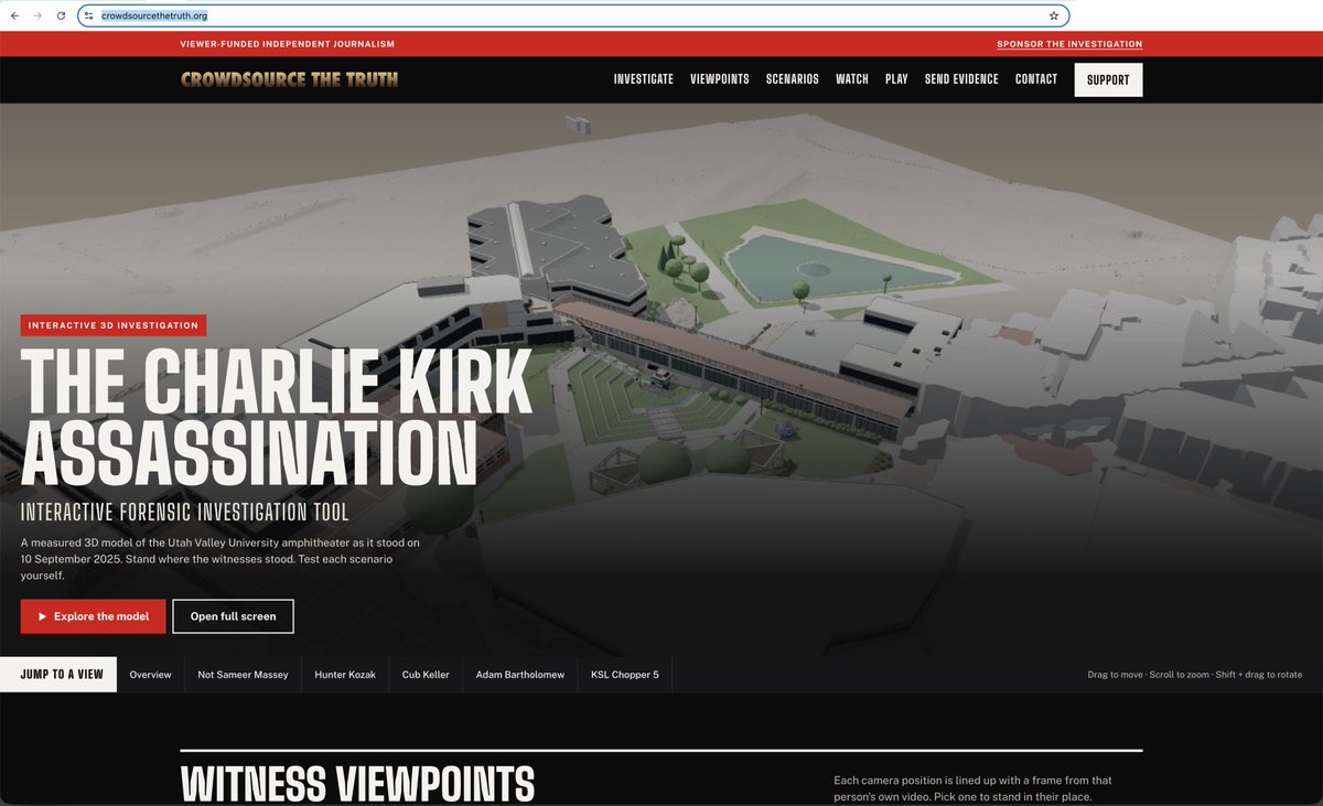 JG_CSTT's tweet photo. There is now an all new Crowdsource the Truth website including a free, browser based 3D interactive Forensic Investigation Tool for people interested in the Charlie Kirk assassination. https://t.co/maRjMonZJ4 https://t.co/CaW4tGFk8E