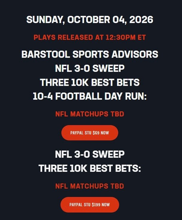 StuartFeiner's tweet photo. 9-1 nfl primetime football run, 7-1 nfl primetime parlay run, Tonight Lions/Panthers primetime parlay only $99. Going for our 4th straight $50,000 all in maximum best bet which is all my money today for 2k. Second straight barstool special for $69, three 20,000 best bets $199. $250 for 8  7 best bets. Lets have a day they remember forever. Text me to save 50% off 50k.