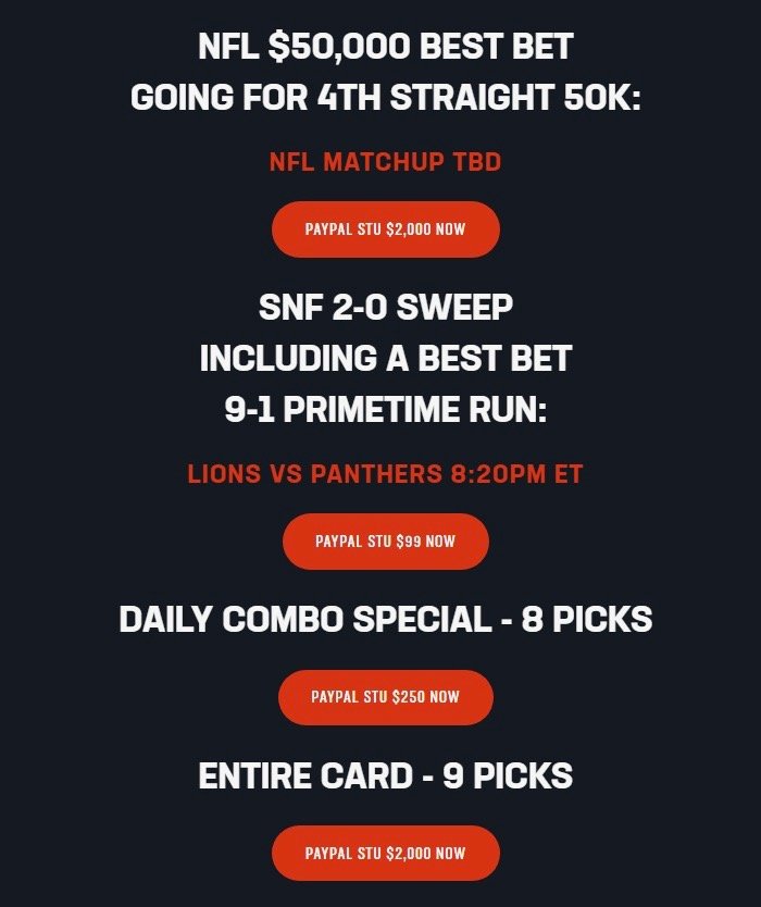 StuartFeiner's tweet photo. 9-1 nfl primetime football run, 7-1 nfl primetime parlay run, Tonight Lions/Panthers primetime parlay only $99. Going for our 4th straight $50,000 all in maximum best bet which is all my money today for 2k. Second straight barstool special for $69, three 20,000 best bets $199. $250 for 8  7 best bets. Lets have a day they remember forever. Text me to save 50% off 50k.