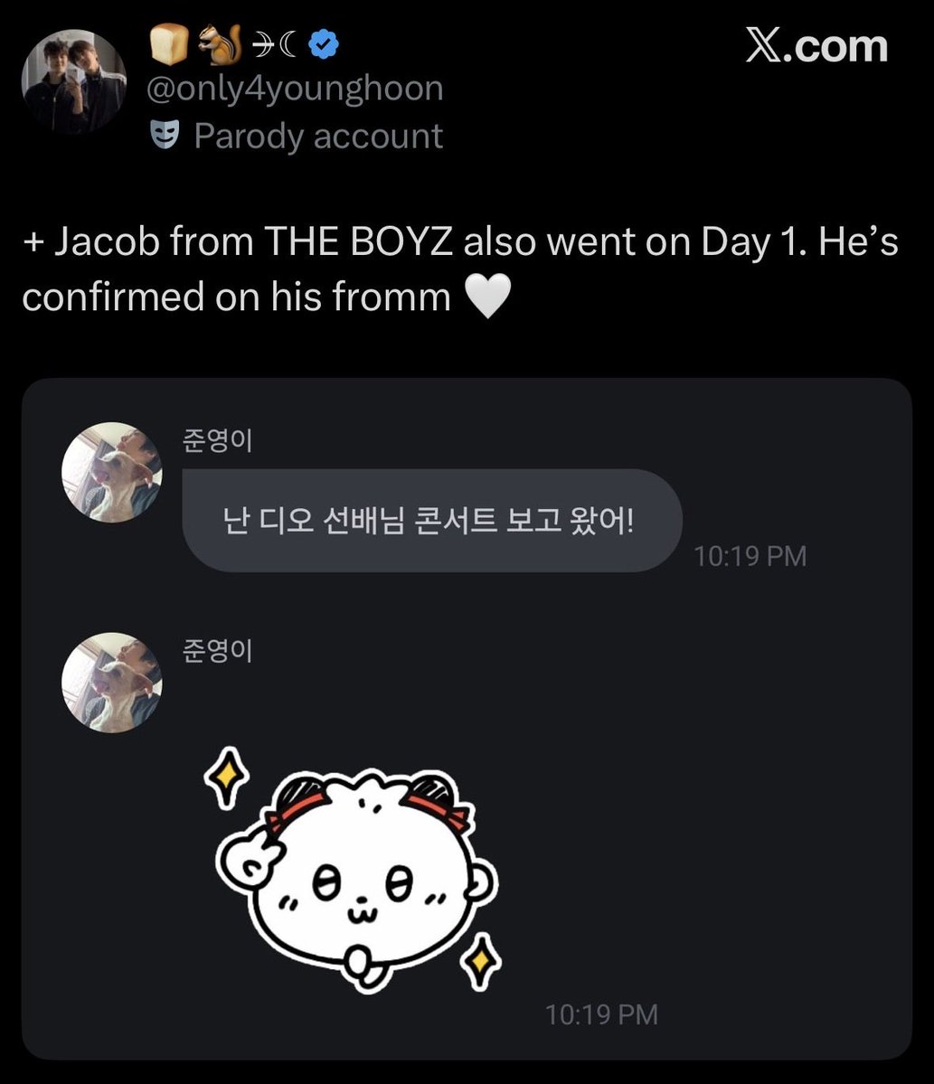 dd__dandelion's tweet photo. Oh turns out, THE BOYZ’s Jacob came to Kyungsoo’s Day 1 concert. He said on Fromm, i came to see Kyungsoo sunbaenim’s concert. https://t.co/vC0sFwzVFm