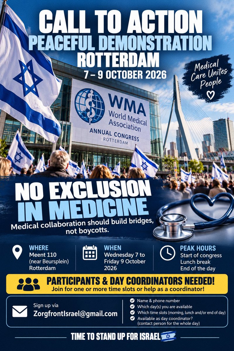 TTSUFISRAEL's tweet photo. Start 8:h30 duur to sluiting congres
Waar..bij de trappen bij het atandbeeld
Oproep ...
Komt allen:
Geen uitsluiting van de Israeli Medical Association https://t.co/6QZXhqj7DF