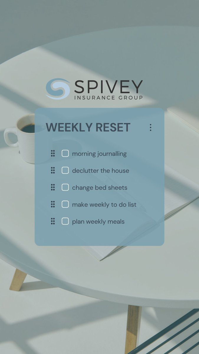 SpiveyInsurance's tweet photo. Sunday is the perfect day to slow down, reset, and get ready for the week ahead. 🤍 A little preparation today can make your week feel so much smoother! Follow these few tips to ease into the week. #sundayreset https://t.co/IFDcYVi6aw