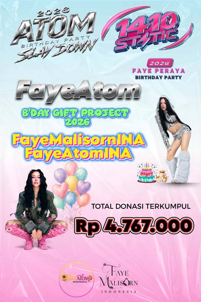 FayeAtomINA's tweet photo. A little birthday project from us for Faye and Atom. 🌻🍑

We’re happy to share that we’ve collected Rp4,767,000 for this year’s birthday project!

Thank you to everyone who took part and supported this project. We really appreciate all the love and support you’ve given. 🫶🏻

If you’d still like to join the donation, you can donate through: 
 
GoPay QRIS: 
 DANA
 BCA transfer. 
PayPal:

For more information, please feel free to contact our admins.

Thank you for being part of this with us! 💗

FayeMalisorn INA @FayeMalisornINA 
× FayeAtom INA

                                🌻🍑

Sedikit birthday project dari kami untuk Faye dan Atom. 🌻🍑

Senang banget bisa share kalau tahun ini kita udah berhasil ngumpulin Rp4.767.000 untuk birthday project mereka! 🥹🩷

Thank you buat semuanya yang udah ikut dan support project ini. We really appreciate all the love and support! 🫶🏻

Buat yang masih mau ikut donasi, masih open yaa! Bisa lewat:

GoPay QRIS:
DANA:
BCA Transfer:
Paypal:

Kalau ada yang mau ditanyain atau butuh info lebih lanjut, bisa langsung hubungi admin ya! 💗
Thank you for being part of this with us! 🌻🍑

FayeMalisorn INA × FayeAtom INA

#FayePeraya #1410STATIC 
#FayeBirthdayParty2026
#AtomPariya #SLAYDOWN
#AtomBirthdayParty2026
#FabelEntertainment