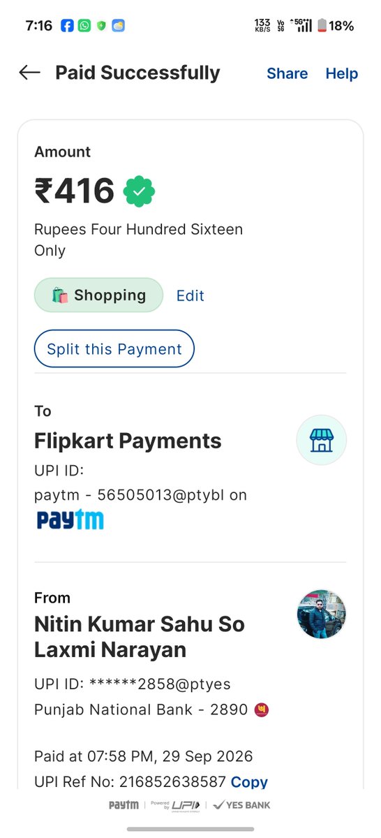 vishalsahu74151's tweet photo. @Flipkart @FlipkartSupport My order (Tracking ID: FMPP4309722218) was already prepaid (₹416), but the delivery boy falsely claimed it was COD and collected cash from my family. Please refund the cash and take strict action against the agent. https://t.co/kQYiJ75w7x