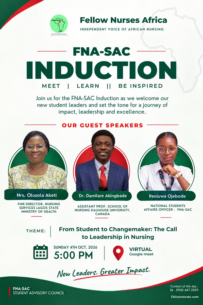 FellowNurses1's tweet photo. We are pleased to invite you to the official FNA-SAC Induction, where we will welcome our new student leaders, and set the tone for a journey of impact, leadership, and excellence.

Theme: From Student to Changemaker: The Call to Leadership in Nursing
Date: Sunday, 4th October 2026
Time: 5:00 PM
Venue: Virtual (Google Meet)

Join here : https://t.co/NjUUz9Eduo

We look forward to seeing you at the induction today.

Lead. Influence. Inspire.

Fellow Nurses Africa (FNA)
FNA Nursing Students Advisory Council (FNA-SAC)
Developing Nigeria's Next Generation of Nurse Leaders

Website: https://t.co/ByxVq9NTsH
