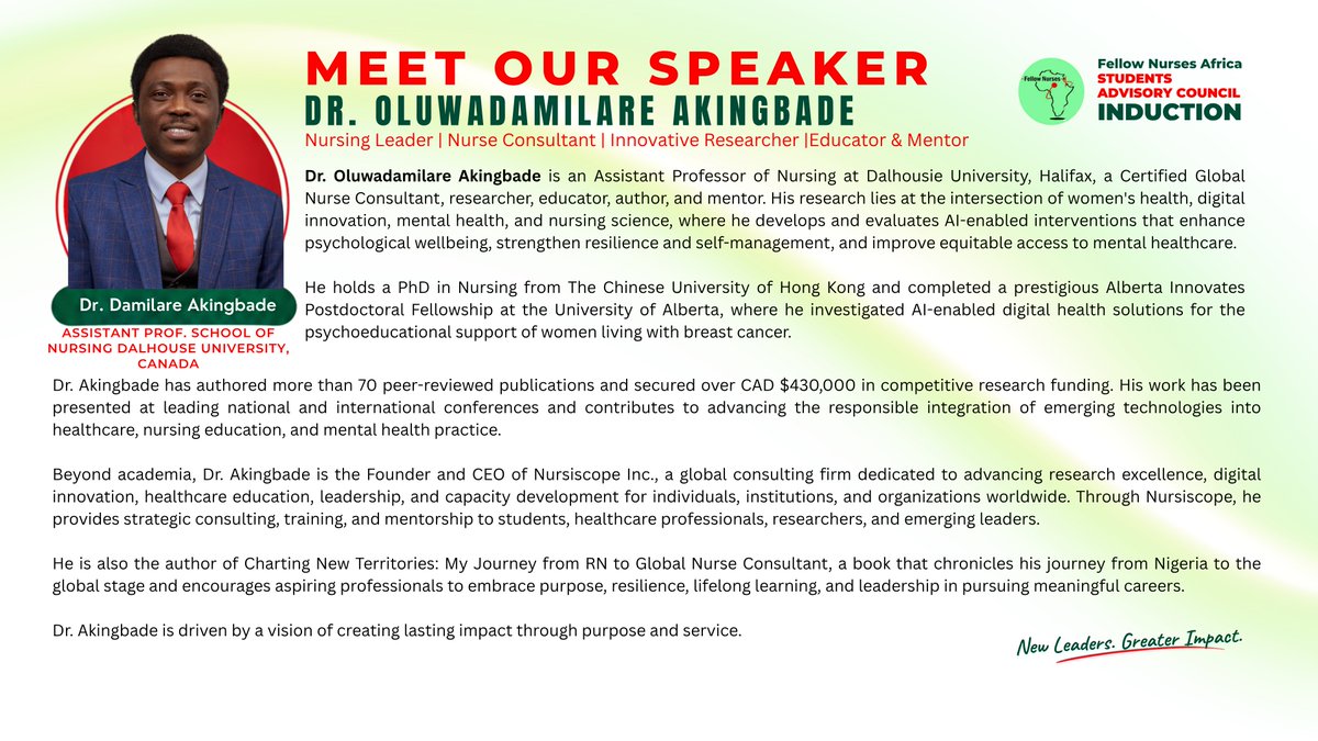 FellowNurses1's tweet photo. We are pleased to invite you to the official FNA-SAC Induction, where we will welcome our new student leaders, and set the tone for a journey of impact, leadership, and excellence.

Theme: From Student to Changemaker: The Call to Leadership in Nursing
Date: Sunday, 4th October 2026
Time: 5:00 PM
Venue: Virtual (Google Meet)

Join here : https://t.co/NjUUz9Eduo

We look forward to seeing you at the induction today.

Lead. Influence. Inspire.

Fellow Nurses Africa (FNA)
FNA Nursing Students Advisory Council (FNA-SAC)
Developing Nigeria's Next Generation of Nurse Leaders

Website: https://t.co/ByxVq9NTsH