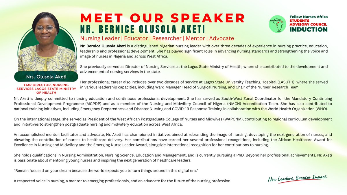 FellowNurses1's tweet photo. We are pleased to invite you to the official FNA-SAC Induction, where we will welcome our new student leaders, and set the tone for a journey of impact, leadership, and excellence.

Theme: From Student to Changemaker: The Call to Leadership in Nursing
Date: Sunday, 4th October 2026
Time: 5:00 PM
Venue: Virtual (Google Meet)

Join here : https://t.co/NjUUz9Eduo

We look forward to seeing you at the induction today.

Lead. Influence. Inspire.

Fellow Nurses Africa (FNA)
FNA Nursing Students Advisory Council (FNA-SAC)
Developing Nigeria's Next Generation of Nurse Leaders

Website: https://t.co/ByxVq9NTsH