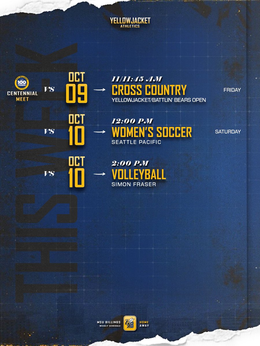 MSUBsports's tweet photo. 𝓣𝓱𝓲𝓼 𝔀𝓮𝓮𝓴: 𝓐𝓛𝓛 𝓗𝓞𝓜𝓔

Highlighting this week is Golf’s Centennial Round on October 6th at Lake Hills, and Cross Country’s Centennial Meet on October 9th at Amend Park!

#MSUBSPORTS | #MSUBGOLF | #MSUBVB | #MSUBWSOC | #MSUBXC https://t.co/5vHnDc7vse