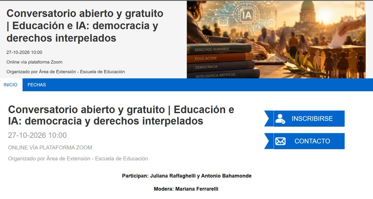 FerrarelliM's tweet photo. 👉Se viene este conversatorio abierto y gratuito con dos amigos muy queridos: Juliana Raffaghelli (Uni Padua)  y Antonio Bahamonde (Uni Oviedo).

🤖Conversaremos sobre derechos y democracia en tiempos de IA, y presentaremos el Libro Blanco de IA en educación que editamos para Fundación Avanza de España junto con Daniel Innerarity, Estrella Montolío, David Bueno y gran equipo.

Link de inscripción:
https://t.co/yFc1fWXXbo