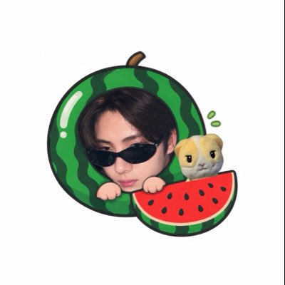 A cartoon character wearing sunglasses inside a watermelon costume, holding a slice of watermelon, with a small cat face peeking out from behind.