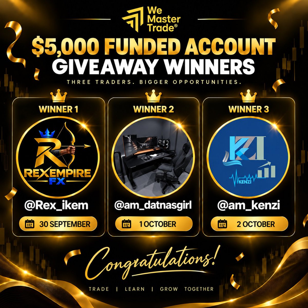 gibhub189's tweet photo. 🎉🏆 CONGRATULATIONS TO OUR 3 WINNERS! 🏆🎉

The results are in! 🚀

We’re excited to announce the winners of last week’s $5,000 Funded Account Giveaway! 💰

🥇 Winner 1: @Rex_ikem — 30 September
🥈 Winner 2: @am_datnasgirl — 1 October
🥉 Winner 3: @am_kenzi — 2 October
��� Sponsored by: @WemasterAfrica
💰 Get funded from $34:
https://t.co/huhg1qCzFq

🔥 Promo Code: GIBHUB35 — Get 35% OFF

📩 Winners: Please DM @gibhub189 to claim your prize.
❤️ A huge thank you to everyone supporting @GibhubPrime.

This is only the beginning. 🚀

More giveaways, funded account challenges, trading opportunities, and educational content are coming.

🔥 Stay active.
📚 Keep learning.
📈 Keep improving.

Your name could be next! 🏆🚀

#Giveaway #FundedAccount #Forex #Trading #GibhubAcademy #WeMasterTrade