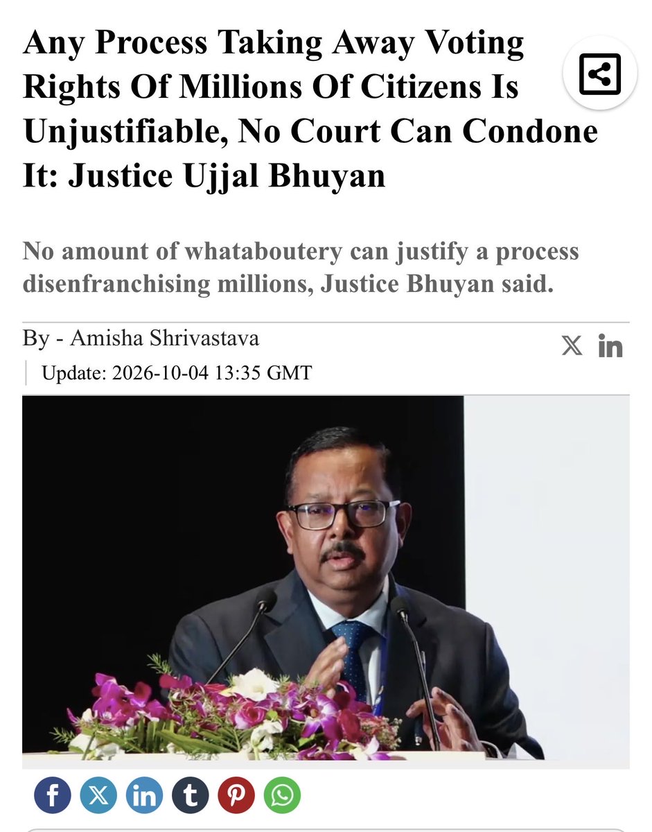 UnSubtleDesi's tweet photo. If this isn’t an attempt to influence the hearing at a non-judicial forum, what is? 

Tomorrow is the hearing in the Supreme Court. Today, Justice Bhuyan spoke at a NALSAR event, commenting on the SIR process without explicitly mentioning ECI, essentially saying the process was “disenfranchising millions”. 

This isnt the first time SIR has been conducted and won’t be the last, in fact, it is a necessary function for free and fair elections to ensure that only eligible voters get to exercise that franchise.