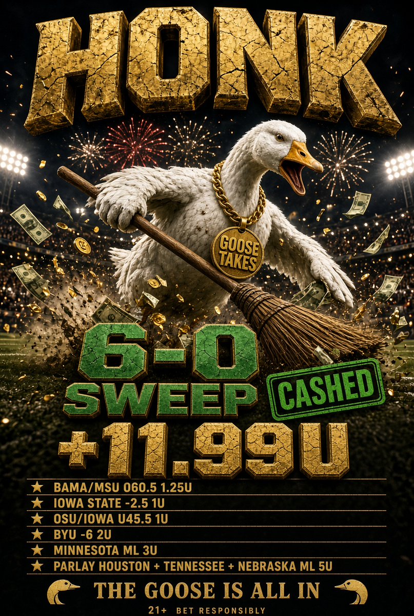 GoosesTakes's tweet photo. HONK. 🪿

LET'S KEEP RUNNING IT UP. 📈🔥

NFL card is live. 🚨

Make sure you're following @GoosesTakes + notifications ON 🔔

#Gambling𝕏 https://t.co/s37D3xARnB