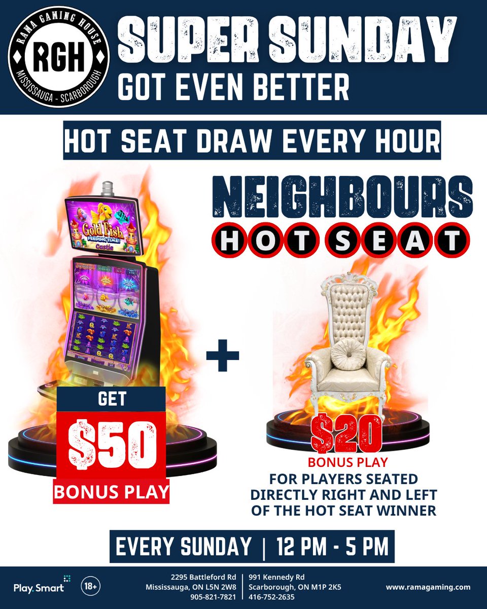 RamaGamingHouse's tweet photo. Super Sunday is still running strong at RGH! 🎉 Join us every Sunday from 12PM to 5PM for hourly Hot Seat Draws. Winners get $50 Bonus Play, and players seated directly to the right or left get $20 Bonus Play too! #RGH #SuperSunday #BonusPlay https://t.co/5UT2atiGSq