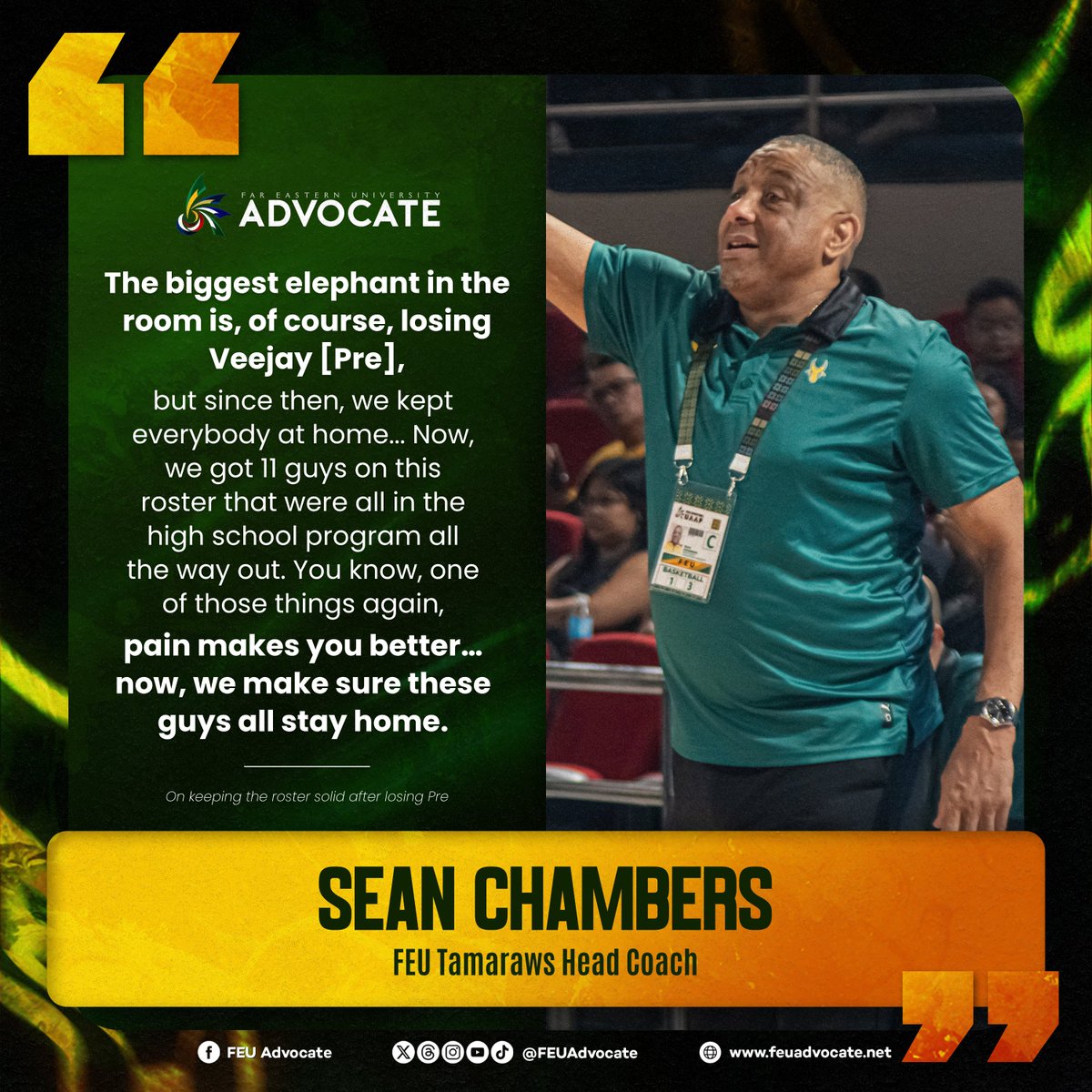 FEUAdvocate's tweet photo. ‘WE’RE NOT GONNA ALLOW THAT TO HAPPEN AGAIN’

LOOK: FEU Tamaraws head coach Sean Chambers highlighted the goal of protecting the team’s continuity after overcoming Veejay Pre and the UP Fighting Maroons in the #UAAPSeason89 men’s basketball tourney earlier today. #ForEveryoneUAAP https://t.co/5roWiCyApA