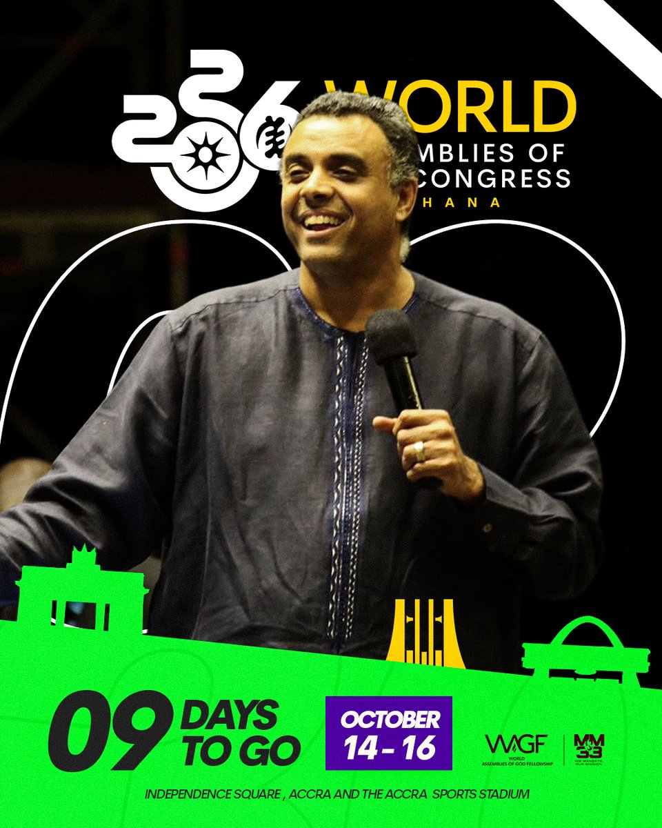 _agghana's tweet photo. 9 DAYS TO GO!

The countdown is getting closer!

In just 9 days, the nations will gather in Accra for the historic World Assemblies of God Congress 2026. 🌍

One Mandate. Every Nation.
Ghana is ready. The world is coming! 🇬🇭🌍🔥

#WAGC2026 https://t.co/bfe1wK8gDG