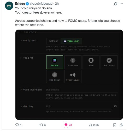 hwangmikedegen's tweet photo. solana:CpRkPw9M2iMDUozQFvkEeAjGJWucbLCJw3m3vZqdpump: TURNING https://t.co/SdYuKJtIs0 CREATOR FEES INTO CROSS-CHAIN PAYMENTS

Most https://t.co/wBQKmYkRcn launchpads compete on the same things:

Faster launches

Better discovery

More attention

Bridge is trying to solve a different problem

It allows creators to launch a normal https://t.co/wBQKmYkRcn token on Solana while receiving the creator fees on another blockchain

That makes solana:CpRkPw9M2iMDUozQFvkEeAjGJWucbLCJw3m3vZqdpump more than a token with a cross-chain name

It is attached to a working fee routing product

THE SOURCE OF THE NARRATIVE:

Creator fees on https://t.co/wBQKmYkRcn are normally generated and claimed in SOL

That works for Solana-native creators

But it creates friction for someone who wants to fund a Bitcoin wallet, an Ethereum treasury or a project on another chain

Bridge turns that fee stream into a cross-chain payment rail

A creator launches the token on https://t.co/wBQKmYkRcn and selects a destination address

The protocol then collects the SOL creator fees and routes 80% into the native asset selected by the creator

Current destinations include:

Bitcoin

Ethereum

Base

Robinhood Chain

BNB Chain

Hyperliquid

Zcash

The remaining 20% becomes Bridge protocol revenue

HOW IT WORKS:

The token is launched through the normal https://t.co/wBQKmYkRcn v1 program

It trades on the standard https://t.co/wBQKmYkRcn bonding curve and may later graduate to PumpSwap

Immediately after launch, the fee-sharing destination is assigned to the Bridge fee wallet and locked

According to the project, this prevents the creator fee recipient from being changed later

Once at least 0.05 SOL in fees has accumulated, Bridge can claim the fees

The protocol records which token generated them

It then swaps and routes 80% through Relay, or NEAR Intents for Zcash, into the selected destination asset

The resulting BTC, ETH, BNB, HYPE or ZEC is delivered directly to the creator’s chosen address

Every claim, bridge transaction and settlement is displayed on the relevant token page

WHAT IS ACTUALLY NEW:

Cross-chain bridges normally move capital that a user already owns

Bridge is doing something slightly different

It redirects future revenue at the moment a token is launched

The creator does not need to:

Manually claim SOL

Send it to an exchange

Swap it into another asset

Withdraw it onto another chain

The revenue destination is selected before the meme begins generating fees

This creates several possible use cases:

A Solana meme funding a Bitcoin treasury

A https://t.co/wBQKmYkRcn community supporting development on Ethereum

A creator receiving revenue directly on Robinhood Chain

A Zcash project collecting fees privately in ZEC

A multichain team using Solana’s attention and liquidity while financing operations elsewhere

The product effectively separates where the token trades from where its creator earns

EARLY PRODUCT DATA:

During this research, the Bridge dashboard displayed:

18 tokens launched

Approximately 3.41 SOL in claimed fees

Around 2.455 SOL paid to creators

The public feed also showed completed settlements into Bitcoin, Ethereum and Robinhood Chain

These are still small numbers

But they are more meaningful than a roadmap because the routing system is already processing real transactions

THE ROLE OF solana:CpRkPw9M2iMDUozQFvkEeAjGJWucbLCJw3m3vZqdpump:

This is where the thesis needs to remain honest

The solana:CpRkPw9M2iMDUozQFvkEeAjGJWucbLCJw3m3vZqdpump token represents the product and captures attention around the protocol

Bridge keeps 20% of the routed creator fees as protocol revenue

However, I have not found verified documentation showing that this revenue is currently used to:

Buy back solana:CpRkPw9M2iMDUozQFvkEeAjGJWucbLCJw3m3vZqdpump

Burn solana:CpRkPw9M2iMDUozQFvkEeAjGJWucbLCJw3m3vZqdpump

Reward holders

Provide token staking yield

That means the product can succeed without automatically creating direct value for the token

For the thesis to become stronger, the team needs to explain how protocol growth connects economically to solana:CpRkPw9M2iMDUozQFvkEeAjGJWucbLCJw3m3vZqdpump holders

WHO HAS COVERED IT:

@bitecong identified solana:CpRkPw9M2iMDUozQFvkEeAjGJWucbLCJw3m3vZqdpump early and later reported that it reached approximately 4.8x within two hours of the initial post

@BobbyTheSolMan highlighted the ability to launch Solana tokens while redirecting creator fees to wallets on other chains

The official account @usebridgepad is publishing launches and cross-chain settlement activity

These posts are evidence that the idea is beginning to circulate

They are not proof of long-term adoption or an endorsement from https://t.co/wBQKmYkRcn

WHY THE NARRATIVE CAN WORK:

https://t.co/wBQKmYkRcn has already proven that creator fees can finance people, communities and products

Bridge expands that model beyond Solana

Its pitch can be understood in one sentence:

Launch attention on Solana

Receive revenue anywhere

That is simple enough for meme creators and useful enough for multichain builders

It also fits a broader market direction where applications no longer want users to think about bridges, wrapped assets or manual swaps

The infrastructure handles the route in the background

THE RISKS:

Bridge is extremely new

Only a small number of tokens have used it

The routing mechanism depends on external infrastructure such as Relay and NEAR Intents

Creators give the Bridge fee wallet control over claiming and routing their fees

Users still need to verify that the selected destination address and chain are correct before launching

The 20% protocol revenue does not currently prove value accrual for solana:CpRkPw9M2iMDUozQFvkEeAjGJWucbLCJw3m3vZqdpump holders

The token itself launched on https://t.co/wBQKmYkRcn, where the page indicates creator rewards are directed to the creator

There is also no guarantee that projects launched through Bridge will attract buyers or generate meaningful fees

A functioning router does not remove normal memecoin liquidity and distribution risks

MY VIEW:

solana:CpRkPw9M2iMDUozQFvkEeAjGJWucbLCJw3m3vZqdpump has a cleaner narrative than most new launchpad tokens because the product solves a specific problem

It is not trying to replace https://t.co/wBQKmYkRcn

It uses https://t.co/wBQKmYkRcn as the distribution engine and adds a multichain revenue layer on top

The next stage depends on three things:

More successful launches

More creator fees settled across chains

A transparent connection between protocol revenue and the solana:CpRkPw9M2iMDUozQFvkEeAjGJWucbLCJw3m3vZqdpump token

If those numbers continue growing and token utility becomes clearer, Bridge could develop into useful infrastructure for creators who want Solana distribution without being limited to Solana revenue

For now, it is an early product with a strong idea and a token whose economic capture still needs to be proven

Follow the launches

Follow the fee volume

Follow the settlements

And watch what happens to the protocol’s 20%

Contract:
CpRkPw9M2iMDUozQFvkEeAjGJWucbLCJw3m3vZqdpump 

solana:CpRkPw9M2iMDUozQFvkEeAjGJWucbLCJw3m3vZqdpump 

Official website:
https://t.co/xx35siGMFC

Official X:
https://t.co/qGMJ2De0UK

Early signal:
https://t.co/cuesxmzV7m

Performance update:
https://t.co/FdFUetYD7J

Chart:
https://t.co/sNAGD7NCRf

More early plays:
https://t.co/UaXESIZsUx

DYOR