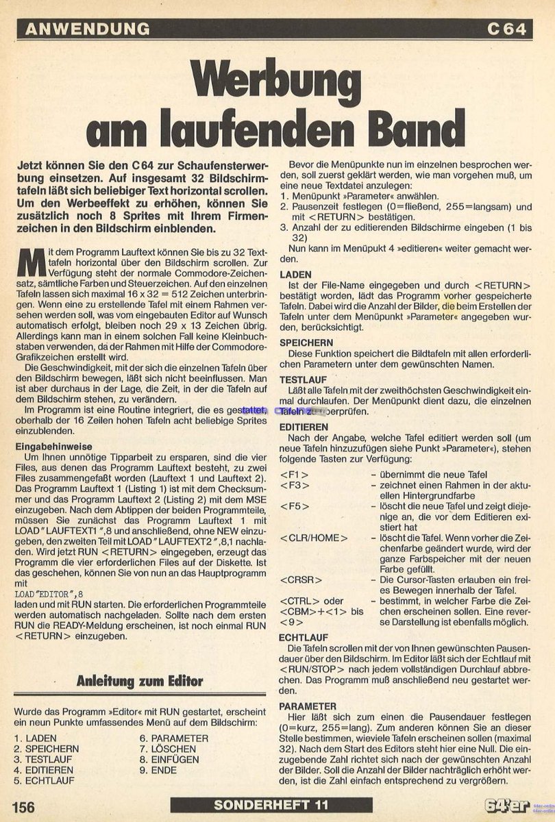 Retrojournal_de's tweet photo. 1986 war das noch etwas Besonderes: Werbung am Bildschirm.

Bis zu 32 Werbetafeln horizontal über den Bildschirm scrollen lassen – ergänzt um bis zu acht Sprites für Firmenzeichen.

Was heute alltäglich ist, war damals eine durchaus bemerkenswerte Anwendung für den C64.

#C64 https://t.co/8pbsHkocsF