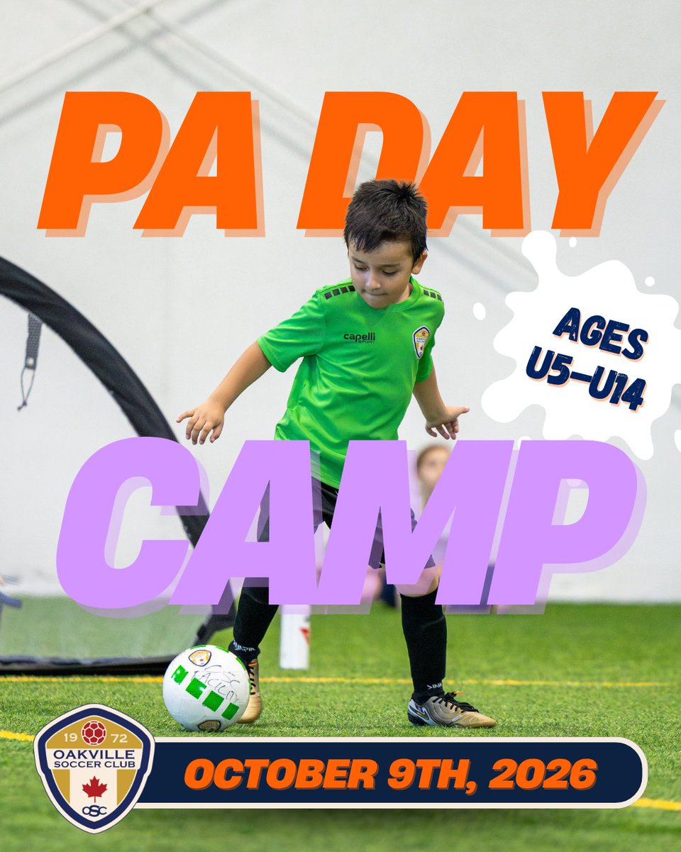 Oakville_Soccer's tweet photo. Looking for the perfect way to spend the PA Day? Join Oakville Soccer on Friday, October 9, 2026, for a full day of soccer, fun, and non-stop action! 🔥
Spots are limited, register today at https://t.co/7gGZjsq7qk!
#OakvilleSoccer #OSC #PADay https://t.co/PrEthf2al7