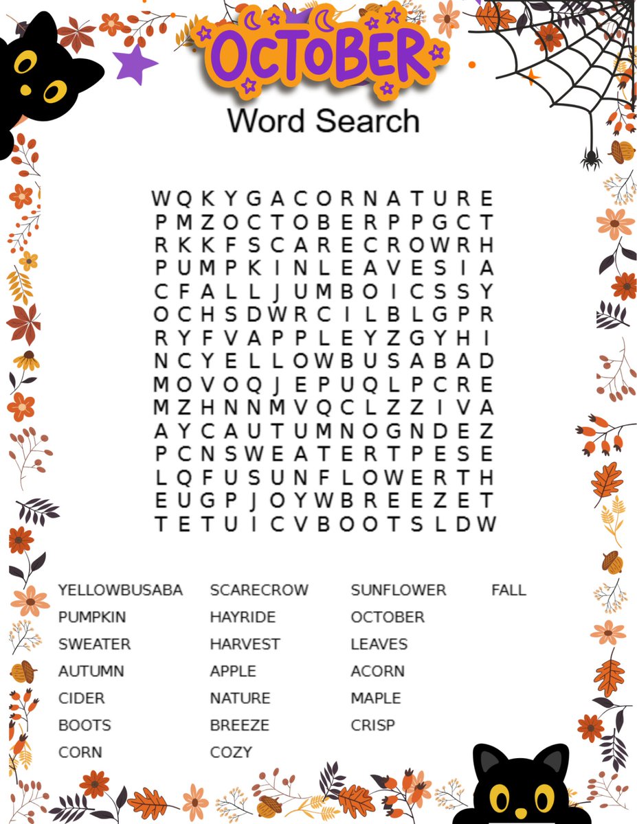 yellowbusaba's tweet photo. ๐๐ October Word Search! ๐๐
Put your fall skills to the test! ๐๐ How many October-themed words can you find? Take a break, have some fun, and see if you can find them all! ๐งก๐ป
Happy searching! ๐
#OctoberFun #FallActivities #OctoberActivities #WordSearch #FallFun #PumpkinSeason #SpookySeason #TeamBuilding #OfficeFun #YellowBusABA #YBABA
