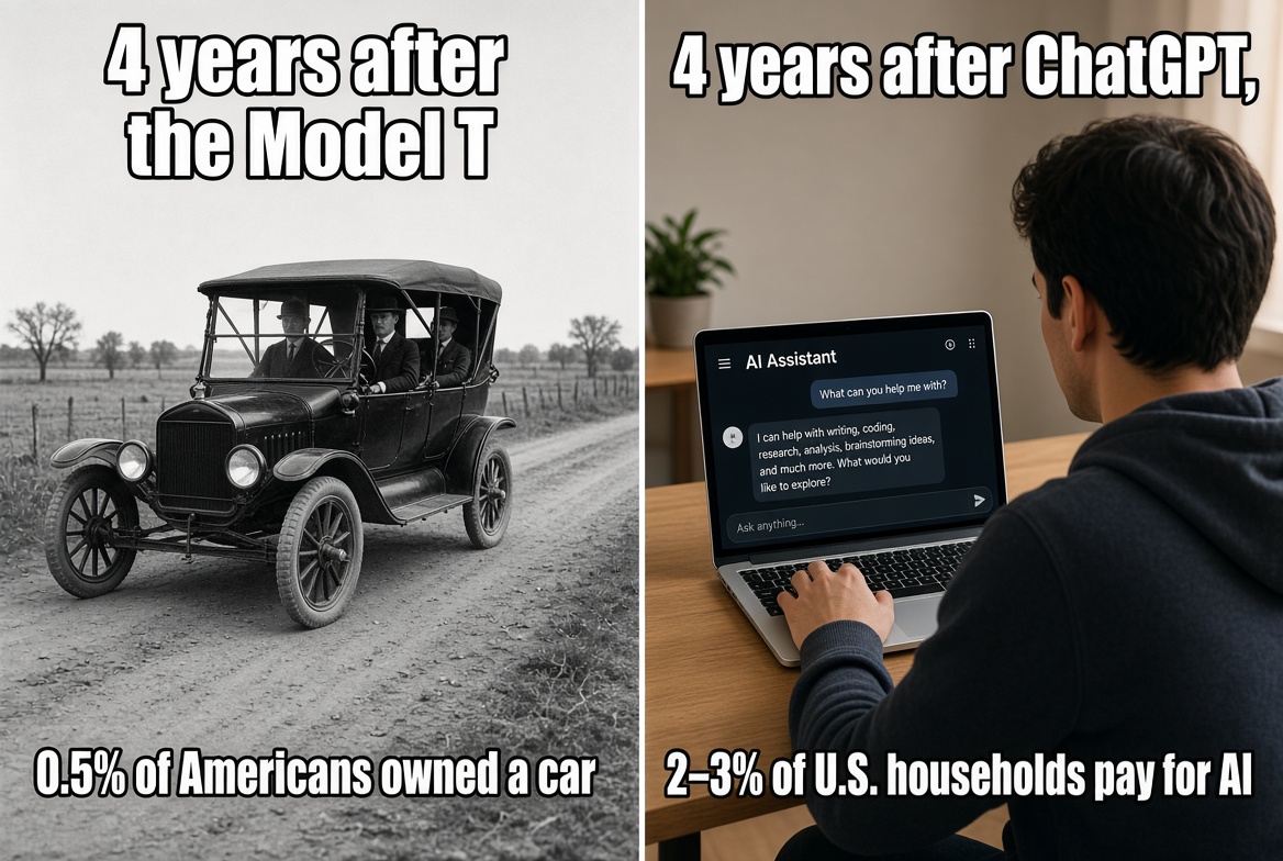 GabeHernandezOK's tweet photo. “AI is in a bubble.”

No, I don’t agree.  The Model T adoption rate was lower than the paid AI adoption rate. https://t.co/IE411LhijW