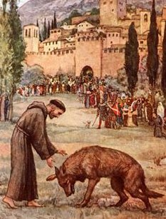 trad_west_'s tweet photo. St. Francis once walked out to confront a wolf that had been terrorizing the Italian town of Gubbio.

He called it “Brother Wolf,” made peace with it, and convinced the townspeople to feed it. 

The wolf reportedly lived peacefully among them for the rest of its life. https://t.co/MlK3lsXm60