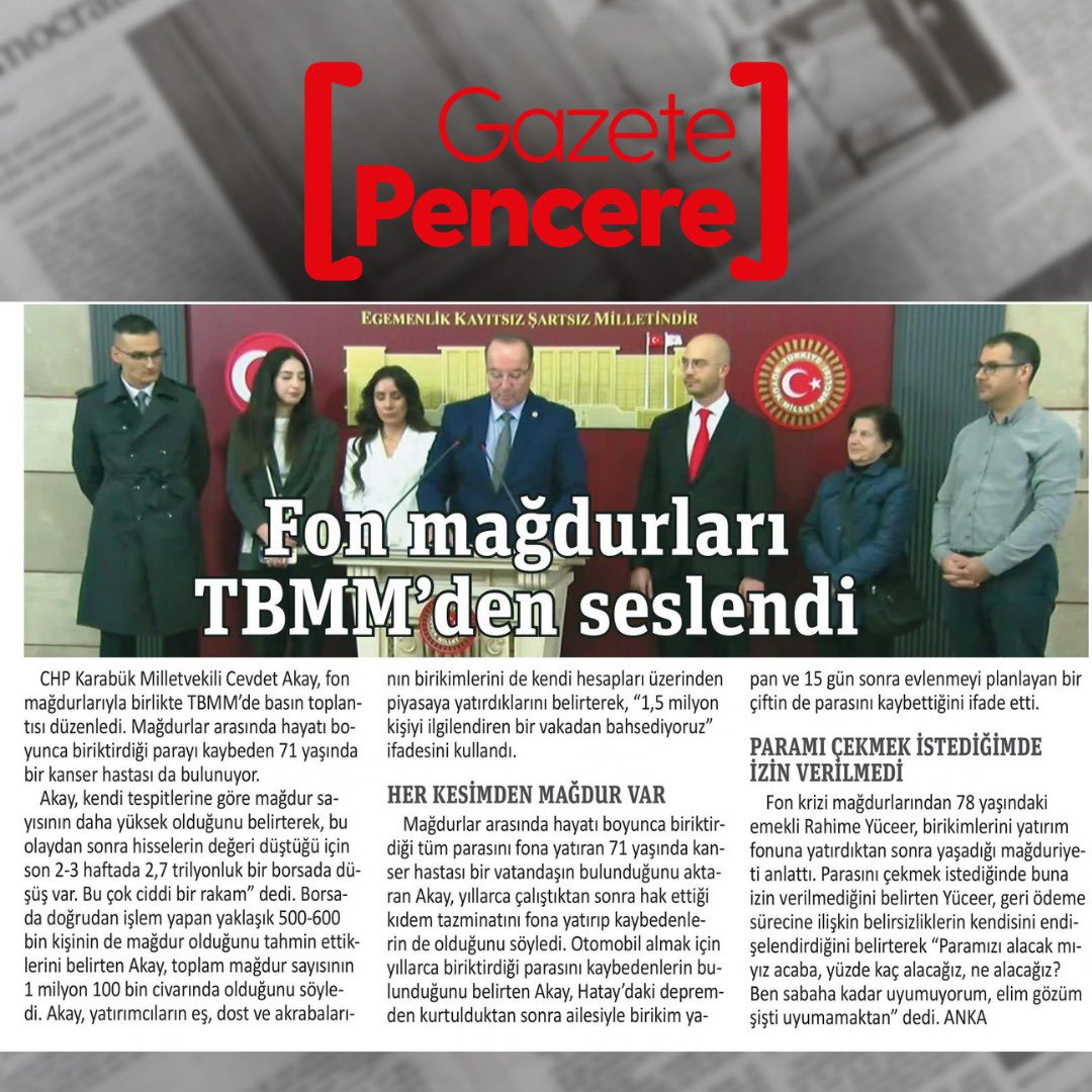 cevdetakaychp's tweet photo. 🗞️ Ekonomi Gazetesi➖Sözcü Gazetesi
🗞️ Nefes Gazetesi ➖ Gazete Pencere

📌 Fon ve hisse mağduriyeti yalnızca finansal bir mesele değil. Ortada giderek büyüyen bir toplumsal mağduriyet var.

❗️İktidar, bunun ekonomik sonuçlarının ötesinde ciddi bir toplumsal soruna dönüşebileceğini görmeli ve daha fazla gecikmeden harekete geçmelidir.