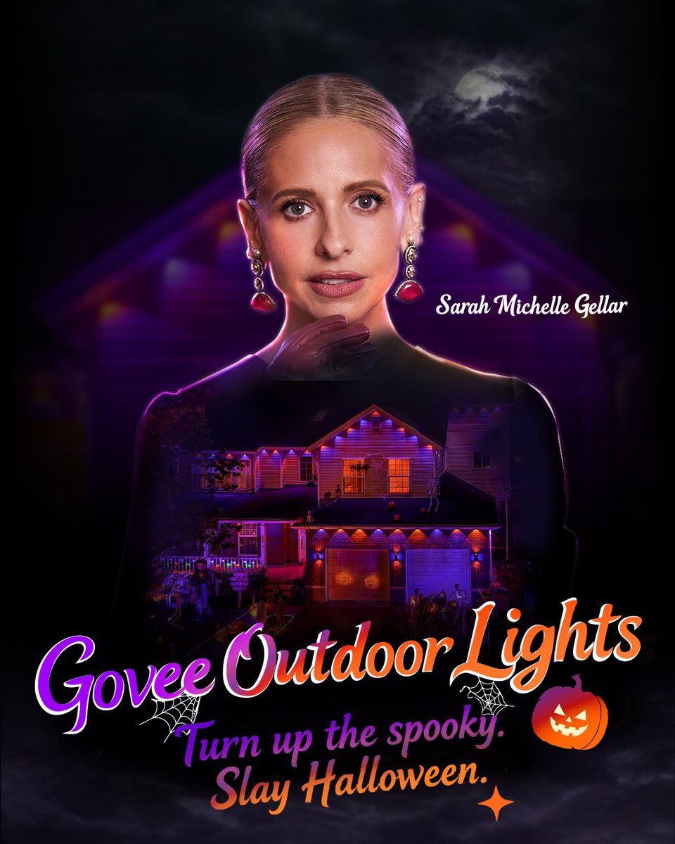 GoveeOfficial's tweet photo. Celebrate Halloween with Govee and Sarah Michelle Gellar, the Master of Halloween! Turn Up the Spooky. Slay This Halloween. 

👉 We’re hosting a Halloween giveaway over on our Instagram! Head over to join the fun for a chance to win. 
#GoveeOutdoorLights #SpookySeason https://t.co/GuEI6ymJ1L