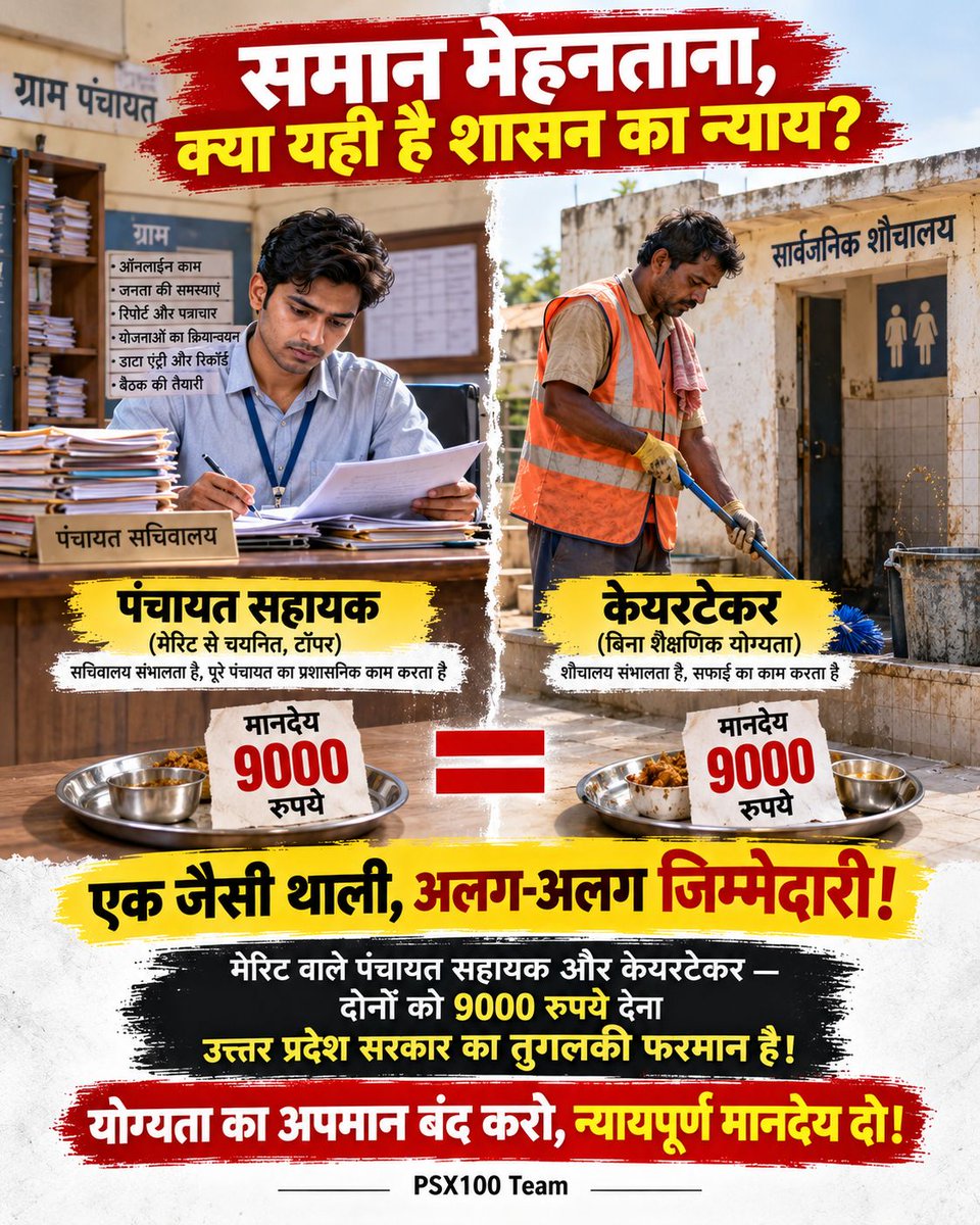 Rajiv_700's tweet photo. सचिवालय संभालने वाला टॉपर PanchayatSahayak और शौचालय संभालने वाला केयरटेकर—दोनों की थाली में 9000 रुपये! यूपी सरकार का तुगलकी फरमान। #सचिवालय_शौचालय_एक_समान @RahulGandhi @CMOfficeUP @myogiooffice @uppanchayatiraj @BJP4UP https://t.co/2eyknW1YDp