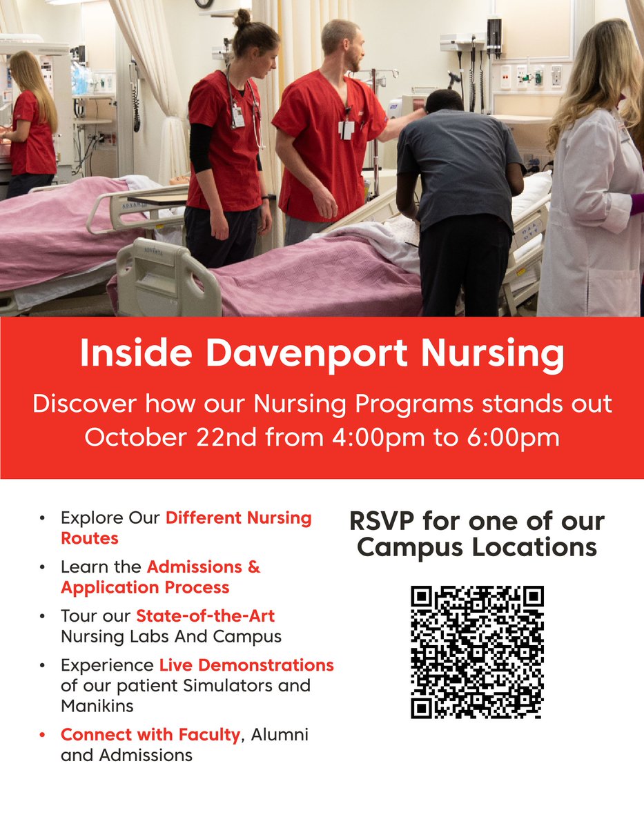 CapitalAreaCAN's tweet photo. Interested a career in nursing? Explore the @DavenportU nursing program at “Inside Davenport Nursing.”

🗓️ Thursday October 22 | 4-6:00pm
📍 Davenport Lansing Campus (also at other DU campuses)
🔗 https://t.co/6NXHp5uCUY

#Healthcare #CareerPathways https://t.co/fL7nZgDSWd