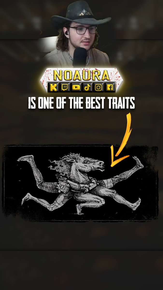 A graphic featuring a content creator wearing a cowboy hat with the text "NOAURA IS ONE OF THE BEST TRAITS" above an illustration of a multi-legged creature.
