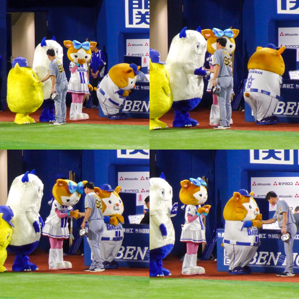 y_bay_san's tweet photo. タイガース筒井コーチ、マスコットひとり一人にお辞儀と握手をしてくれてました☺️

#baystars 
#阪神タイガース https://t.co/fQ1BQRZLwo