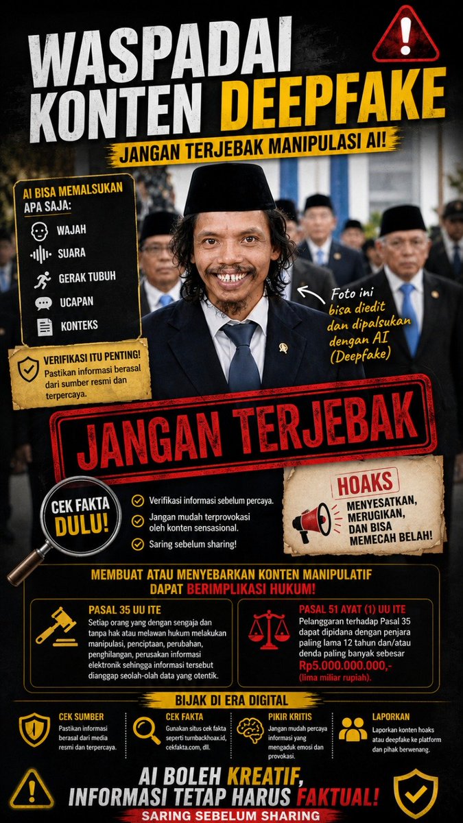 PutriAyu153's tweet photo. AI boleh semakin kreatif, tetapi kita harus semakin cerdas memilah informasi. Saring sebelum sharing demi ruang digital yang sehat. Jangan Terjebak Manipulasi AI https://t.co/GolELs6eeT