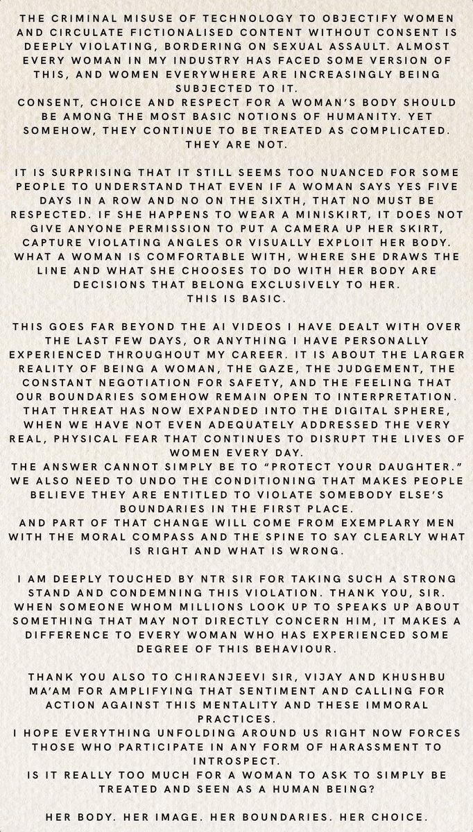 Movies4u_Officl's tweet photo. "Technology should never become a tool for violating a woman’s privacy, consent, or dignity. 

No clothing, choice, or circumstance gives anyone the right to cross her boundaries."

- #JanhviKapoor thanks #JrNTR for taking stand for her. https://t.co/u8Cm7TURMo