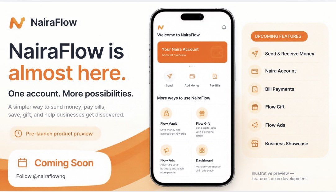 NairaFlowNG's tweet photo. Something is flowing. 🧡

And no… we’re not ready to show you everything yet. 👀

A new way to move, pay, gift, and discover what’s around you is getting closer.

NairaFlow is coming.

Keep your eyes here. 🫶🏽

@nairaflowng

#NairaFlow #ComingSoon #FintechNigeria #NigerianTech https://t.co/iqNWWkpHMi