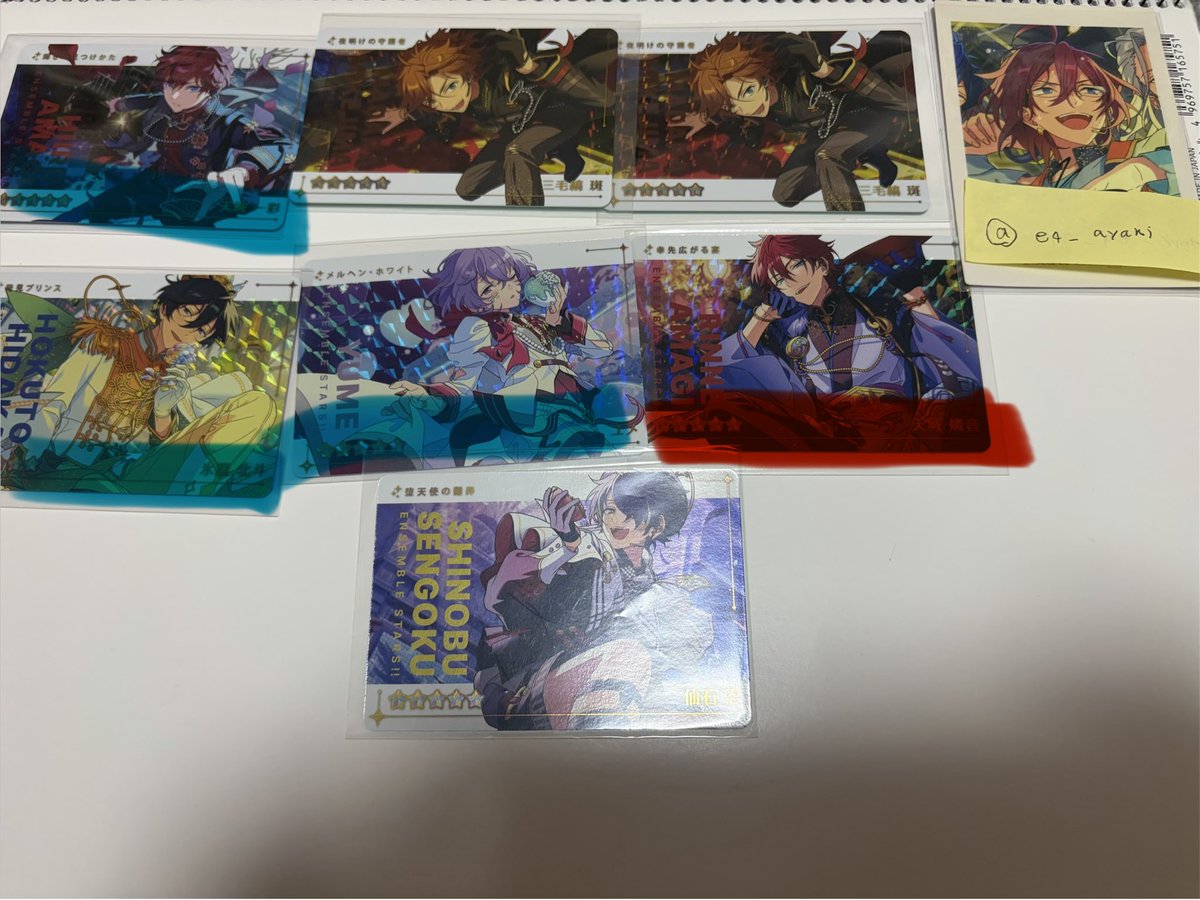 eq__ayaki__'s tweet photo. あんスタ　カードダス　譲渡　交換　元のアカウントがサーチバンのためこちらでのポスト本垢提示可
譲　R 燐音一彩班目忍 N凛月2泉レオ2嵐3真2スバル英智弓弦みか颯馬マヨイ斑エスカンナライカユメ千秋2奏汰鉄虎翠アドニスなずな創友也
求　R N茨晃牙>N夏目薫himeru巽
郵送希望詳細4枚目 https://t.co/QOzhVBFURv