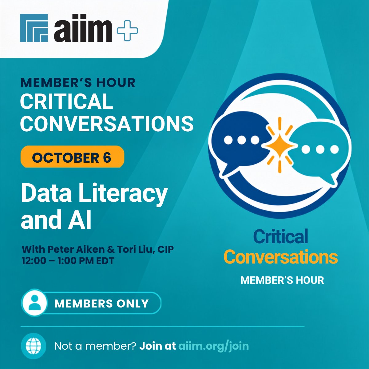 AIIMIntl's tweet photo. ⏰ Two days to go! Join Peter Aiken and Tori Liu, CIP for a candid conversation on data literacy and AI.

🗓️ Tuesday, October 6
🕛 12:00–1:00 PM EDT
🔒 Free for AIIM members

Register: https://t.co/aCv0vExxuM

Not a member? Join today at https://t.co/8wrIlyg24w https://t.co/fHlLWOujln