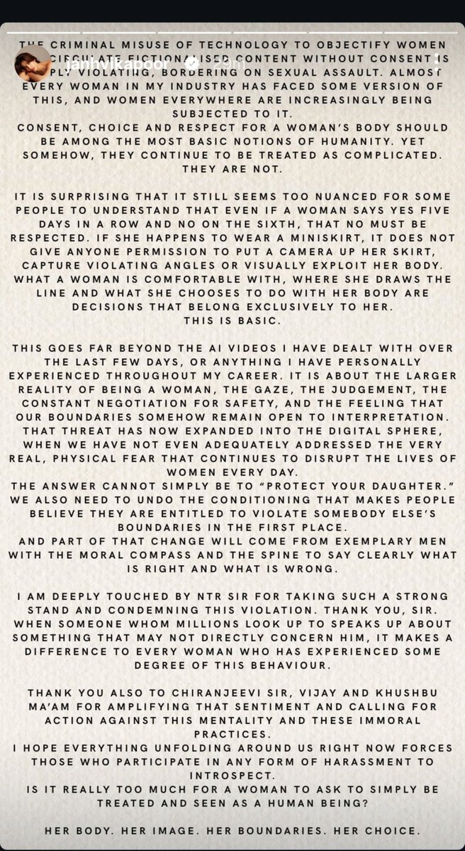 KingJrNTR's tweet photo. #JanhviKapoor IG story :)

I truly appreciate NTR sir for speaking up against this wrong act. Even though it may not directly affect him, his support matters because millions listen to him, and his stand can make women who have faced similar experiences feel heard and supported. https://t.co/I5LA50yB3q