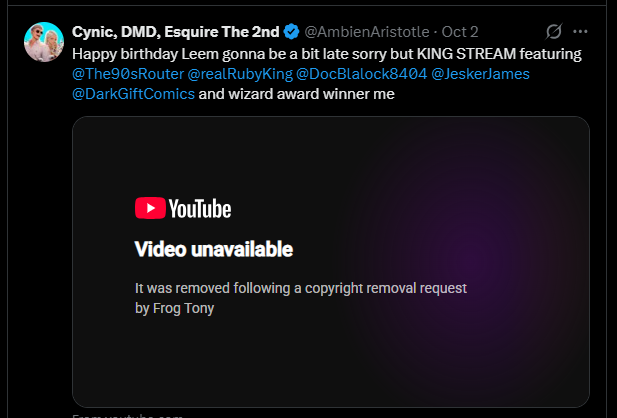 ComicsGateDrama's tweet photo. FrogTony files a copyright claim against the FFScast YouTube channel. https://t.co/5jWiEnQ2kv