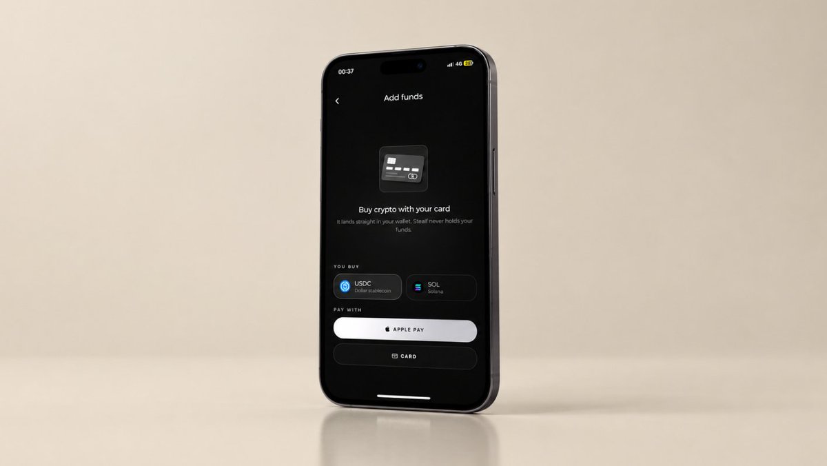 STEALFxyz's tweet photo. Your bank knows where your money comes from. It doesn't need to know where it goes.

Add funds on Stealf: card or Apple Pay to crypto, then move it privately.

Coming in a future update. https://t.co/CI3LMpOPMX