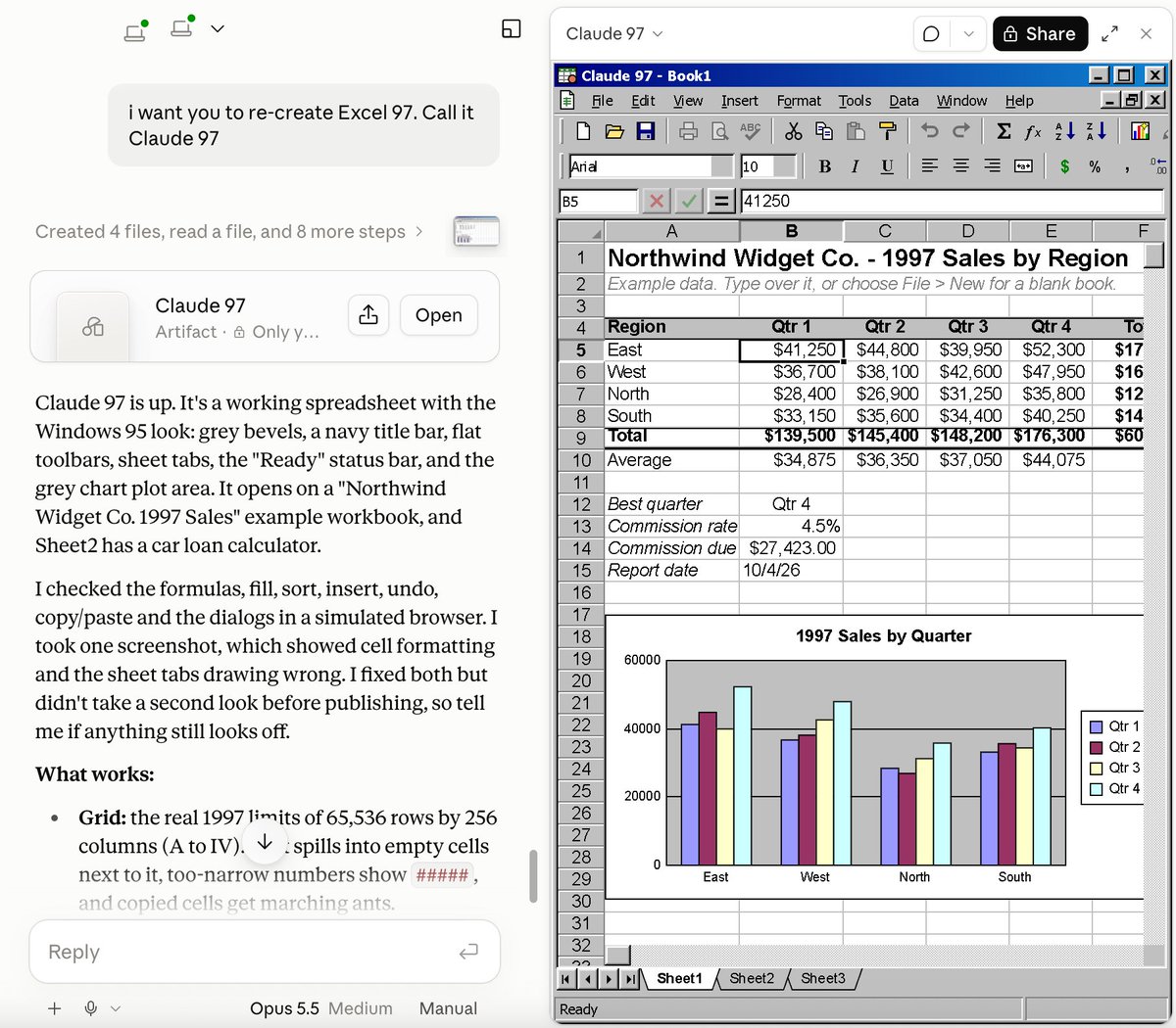 RDKLInc's tweet photo. I asked Claude to replicate Excel 97 in its entirety, and it did it in about 10 minutes.  I've been playing around with it for a while and I can't find any faults.

THIS IS A SINGLE 11 WORD PROMPT!!

How can anyone possibly think AI hasn't arrived yet??? https://t.co/7IRIwZ8Kqd