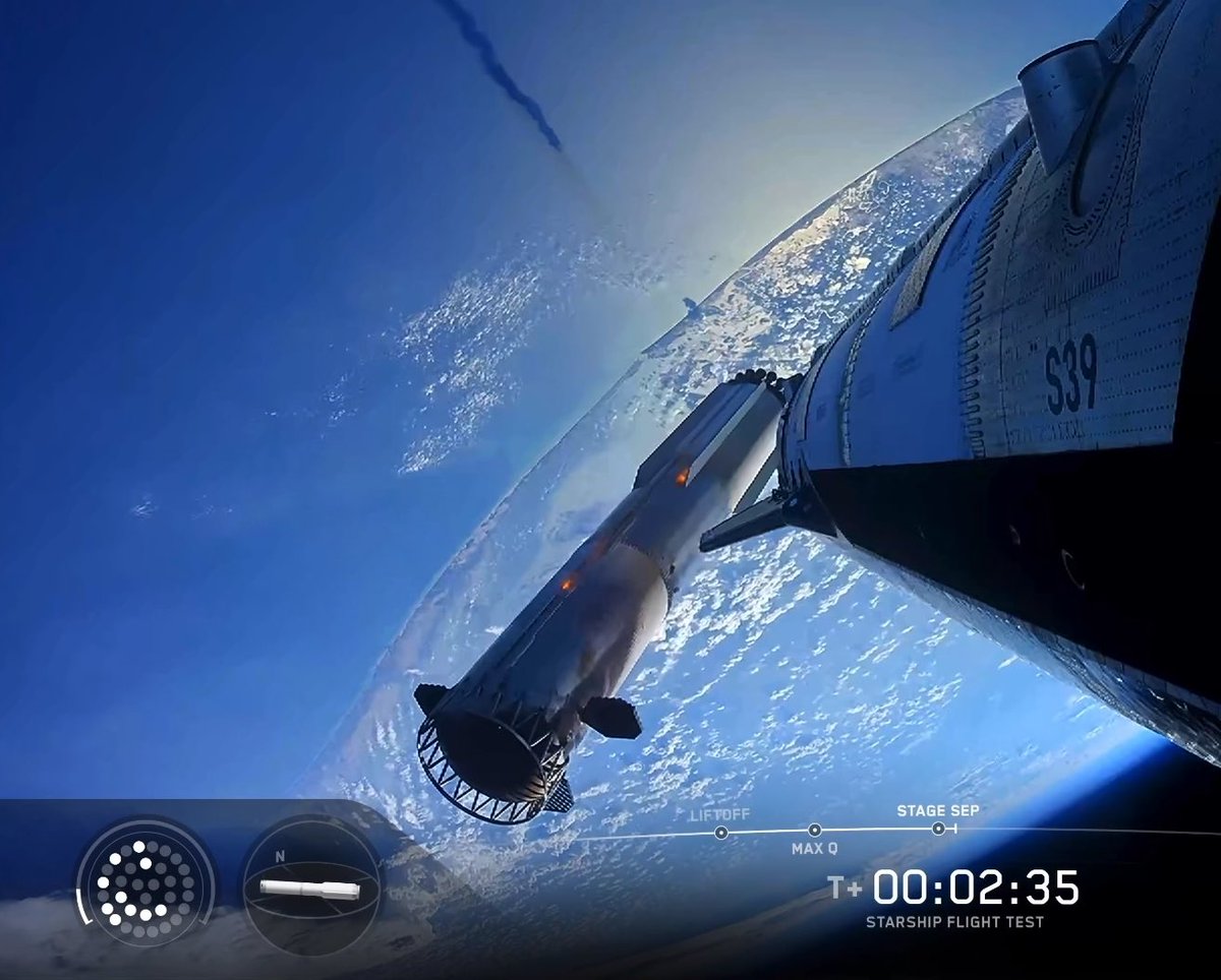 A SpaceX Starship flight test view showing the upper stage separating in space above Earth, with overlay text reading 'T+ 00:02:35', 'LIFTOFF', 'MAX Q', 'STAGE SEP', and 'STARSHIP FLIGHT TEST'.