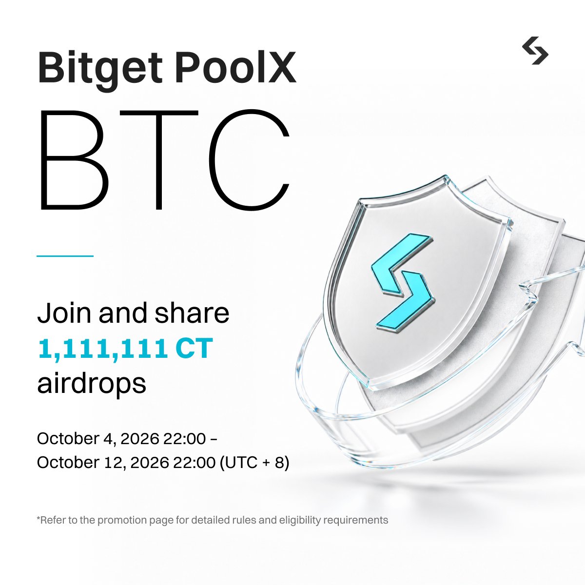 bitget's tweet photo. New rounds of Bitget PoolX rewards are coming!

> Lock $BTC to share 1,111,111 $CT
Period: Oct 4, 14:00 – Oct 12, 14:00 (UTC)

> Lock $ETH to share 200,000 USDT
Period: Oct 5, 07:00 – Oct 9, 07:00 (UTC)

BTC pool opens now. ETH starts tomorrow.