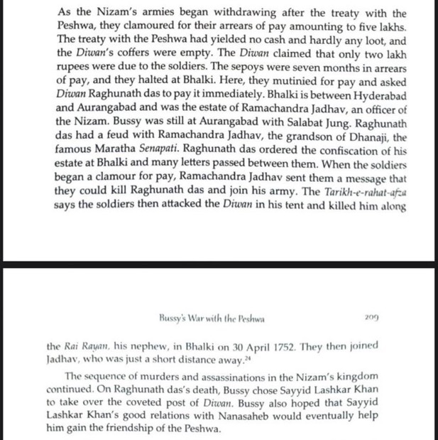 DkhniFeudalist's tweet photo. Amir-ul-Umara Maharaja Ramachandra Chandrasena Jadhavrao Sipah-Salar Bahadur, The Unsung Dekhni Military Statesman of the 18th Century 🌊

Raghunath Das, Diwan of the Nizam, became embroiled in a feud with Raja Ramachandra Jadhavrao, the grandson of the famed Maratha commander Dhanasimha Shambhusimha Jadhavrao. After Das ordered the confiscation of Jadhavrao’s estate at Bhalki, a series of letters passed between the two. When the Afghan soldiers began clamouring for their overdue pay, Jadhavrao sent them a message offering them the opportunity to kill Raghunath Das and join his army. On 30 April 1752, the Afghans attacked and killed Raghunath Das and his nephew, Rai Rayan, at Bhalki.