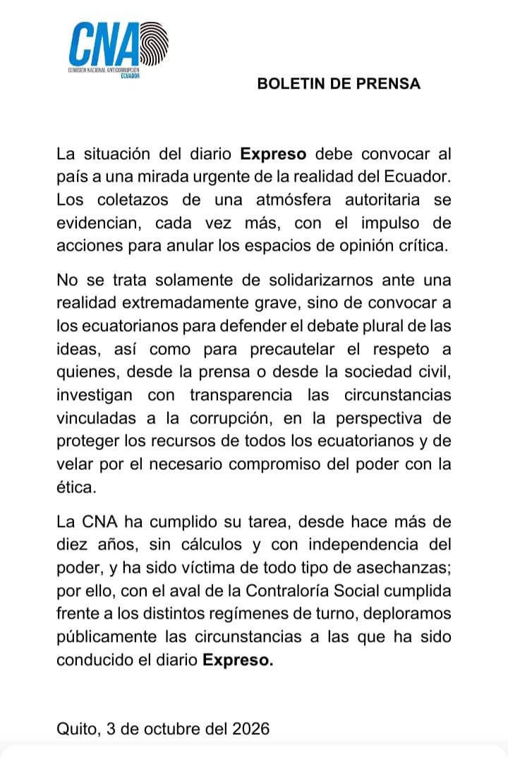CNACEcuador's tweet photo. La Comisión Nacional Anticorrupción ante la situación del diario EXPRESO. https://t.co/7hDiTLXSpo