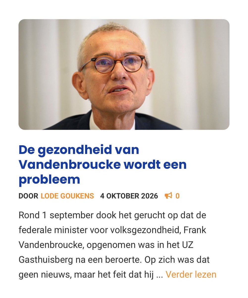 StevenArra's tweet photo. Zoals gewoonlijk weer sterk journalistiek werk van Lode Goukens. Benieuwd wanneer de grote mediahuizen, met véél grotere budgetten en véél grotere redacties, eindelijk wakker worden.

Voor alle duidelijkheid: het gaat mij niet over de aandoening van Frank Vandenbroucke zelf. Ik wens niemand een slechte gezondheid, hoe fundamenteel ik het politiek ook met hem oneens ben.

Maar als de informatie klopt die mij enkele dagen geleden al bereikte, dan zijn er wél legitieme vragen over zijn huidige situatie en de continuïteit van zijn functie als vicepremier. Zeker op een moment waarop deze regering miljarden moet zoeken om een reeds dramatische begrotingssituatie niet verder te laten ontsporen. Het lijkt me dan niet meer dan normaal dat daar helder over wordt gecommuniceerd.

En opnieuw is er die oorverdovende stilte bij de grote mediahuizen. Redacties met tientallen journalisten, enorme budgetten en toegang tot zowat iedere politieke bron in de Wetstraat, maar blijkbaar krijgt niemand het voor elkaar om dit uit te zoeken. Dan blijven er voor mij stilaan twee mogelijkheden over: ofwel zijn ze gigantisch lui of incompetent, ofwel weten ze meer en kiezen ze ervoor om te zwijgen. Geen idee welke van de twee het ergste is.

Misschien wordt het tijd dat ze eindelijk hun werk doen en de vragen stellen die voor de hand liggen.

Link naar artikel van PAL:
https://t.co/fAuUmX2E44